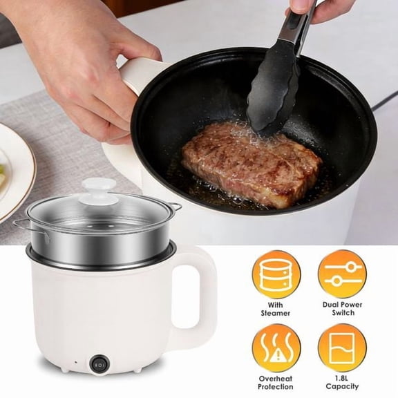 Portable Multi-Function Ceramic Electric Hot Pot with Steamer Tray, Auto Power Off Overheat Protection Compact Cooker with Tongs Glass Cover