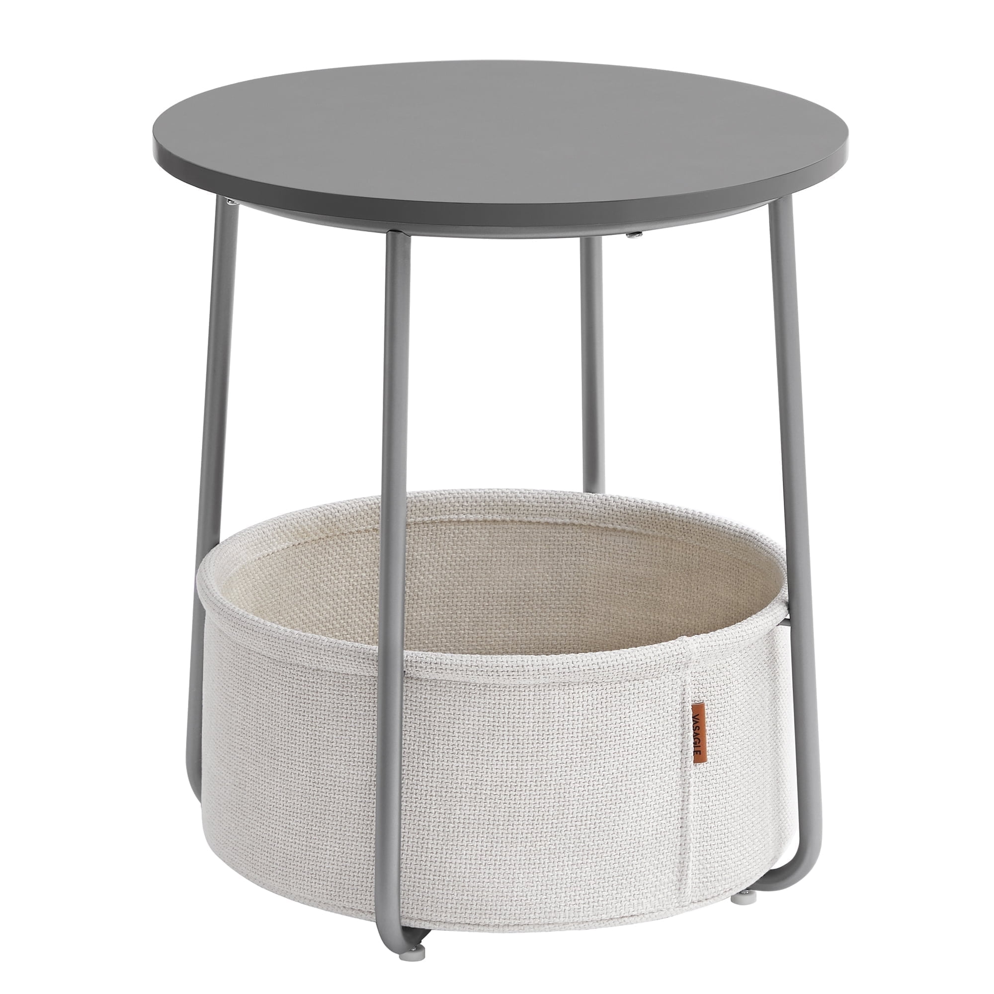 Round End Side Table with Fabric Storage Basket Bedside Table Nightstand for Living Room Bedroom Dove Gray Classic White