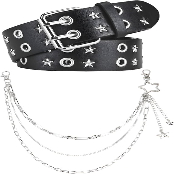 TELOLY Double Grommet Studded Star Belt, Belts for Women Men, Black Punk Rock Grunge Goth Belt with Pants Chain