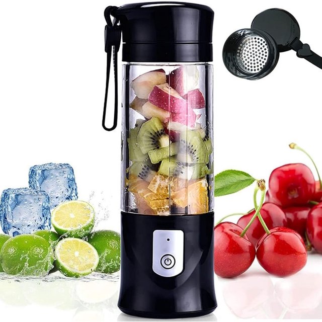 Portable Blender For Shakes And Smoothies, Travel Friendly Personal Juicer With Stainless Steel Blades And Rechargeable Battery, Black, 350-420ml