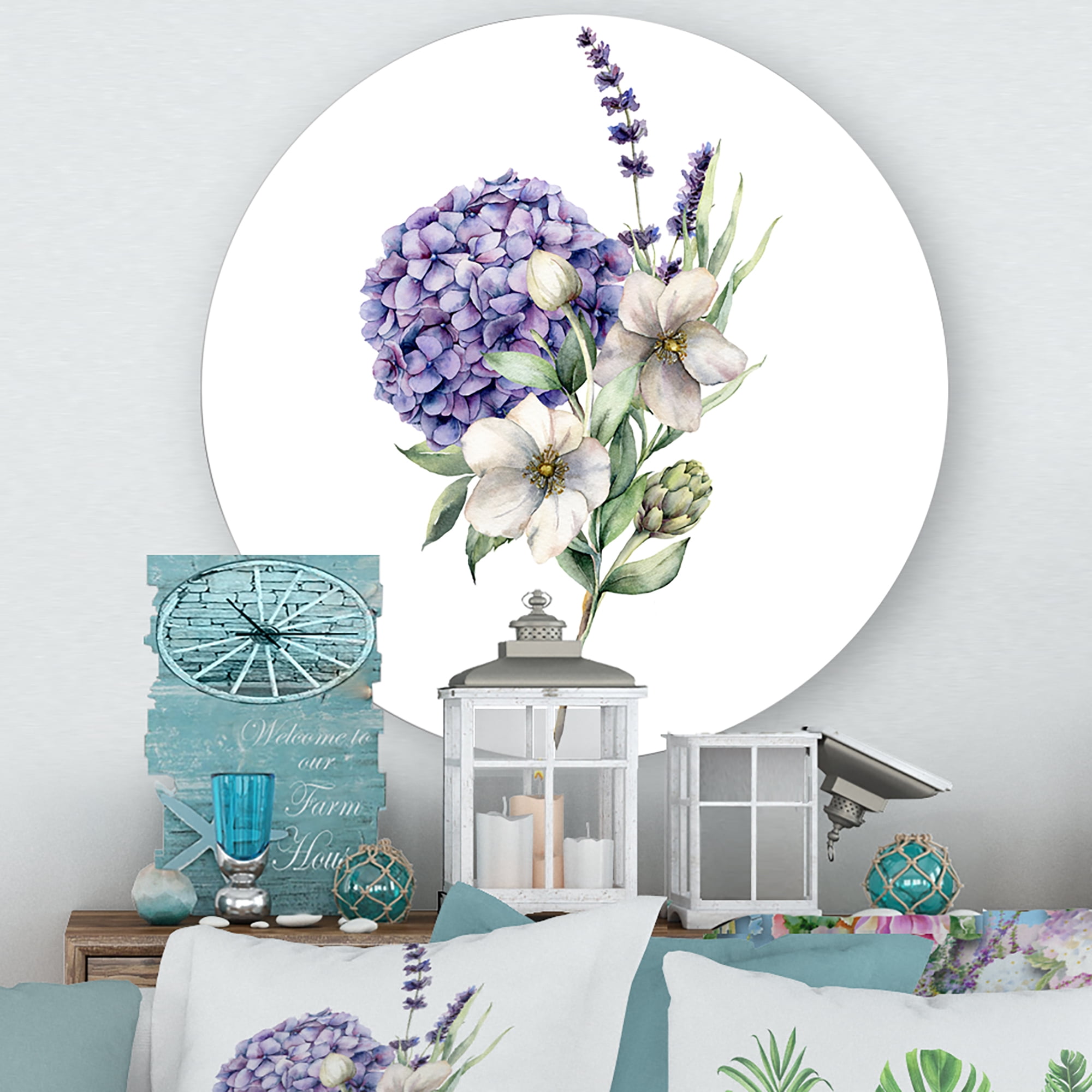 Designart 'Bouquet Of Lavender Anemone Artichoke & Hydrangea ' Traditional Circle Metal Wall Art 11x11 - Disc of 11