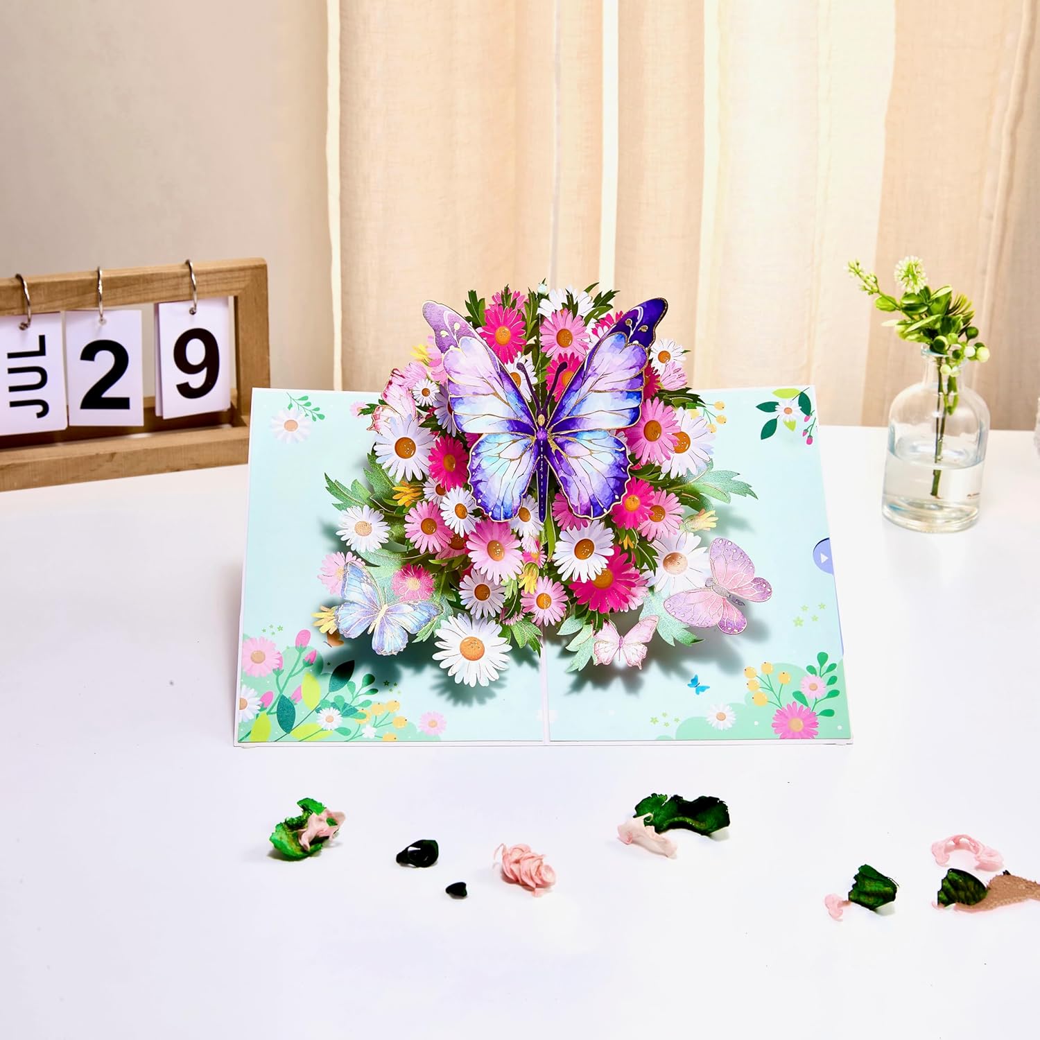 Birthday Card, Voilet Butterfly & Daisies Pop Up Card, 5x7-3D Greeting Card with Note Card & Envelope for Birthday, Thanksgiving, Christmas, Get Well, for Her, Women, Wife, Mom, Grandma