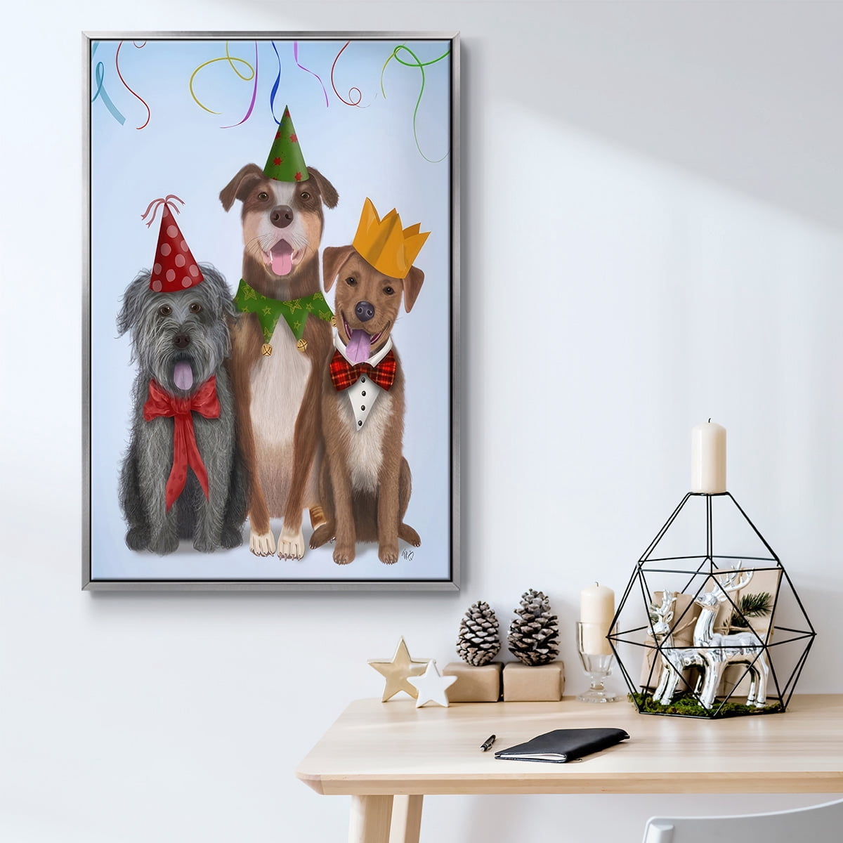 Christmas Party Mutts - Framed Gallery Wrapped Holiday Canvas - 27 x 41 - Silver Frame