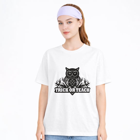 Unisex Cotton T-Shirt Trick Or Teach Owl Teacher Graphic Tee, Casual School Halloween Shirt