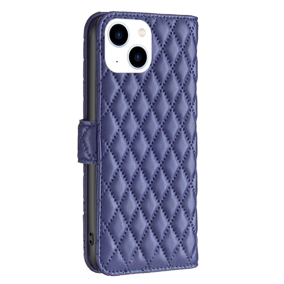 Allytech Heavt Duty Protective Wallet Case for iPhone 14 Plus, PU Leather Flip Folio Case Kickstand Card Holders & Cash Pocket Luxury Lines Diamond Pattern Stylish Case for iPhone 14 Max, Blue