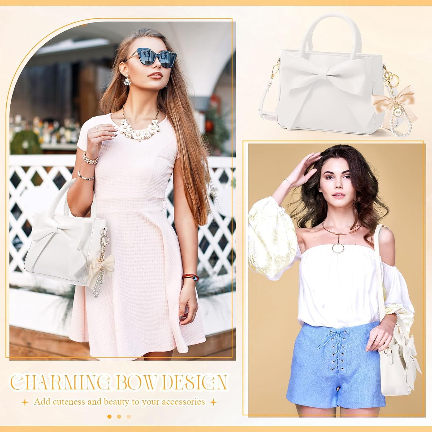 Cute Purses for Women Leather Crossbody with Bow Charm Small Handbags with Adjustable Shoulder Strap