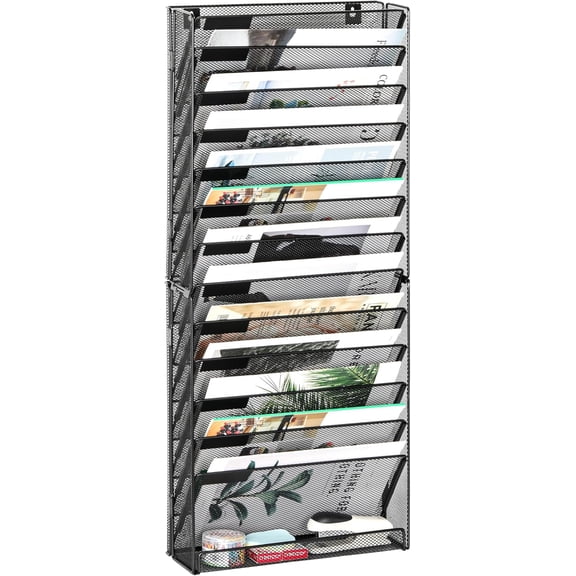 14 Tier Wall File Holder with Flat Tray, Black | Easy Assemble Mesh Desk File Organizer | 13-Folder Paper Storage | Replaceable Classify Labels | Space Saving Mail Organizer for Office Home