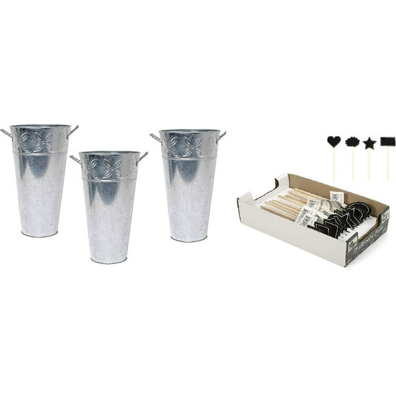 Hosley Set of 3 Galvanized Vases & Set of 12 Blackboard Floral Picks