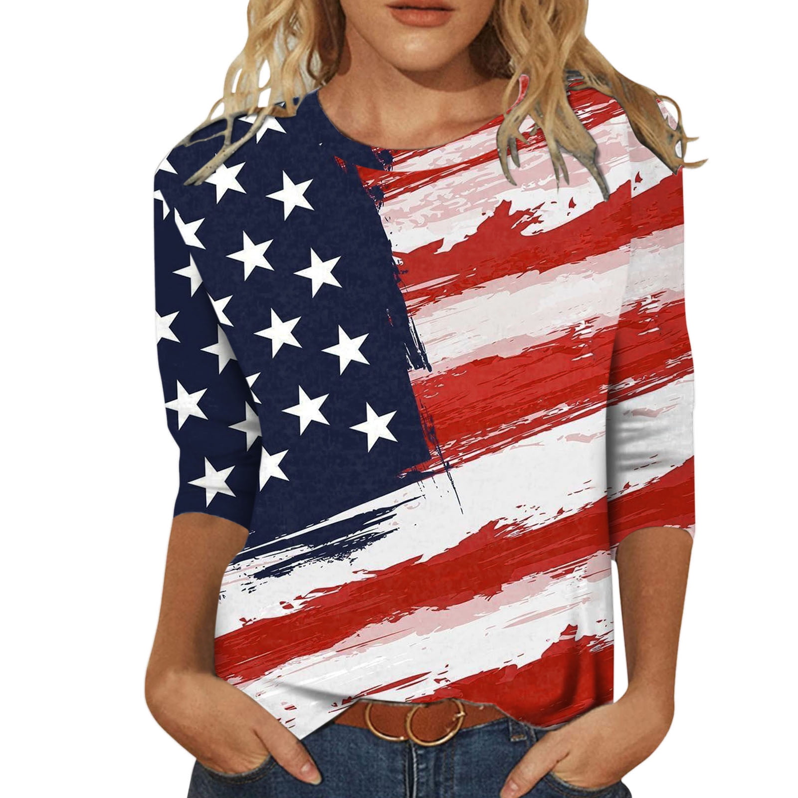 4th of July Tunic Tops for Women Summer 3/4 Sleeve Casual American Flag ...
