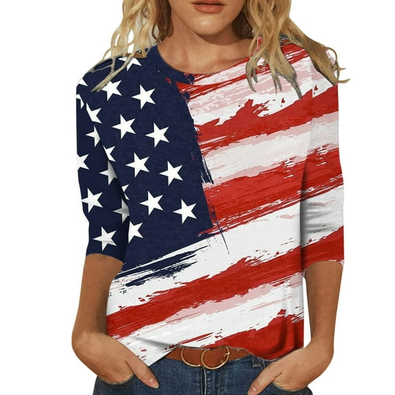 USSUMA Womens Plus Tops and T-Shirts 4th of July Shirts for Women 3/4 Sleeve T Shirts Loose Casual Tee T-shirt Basic Summer Tops Blouses 2022 Beach