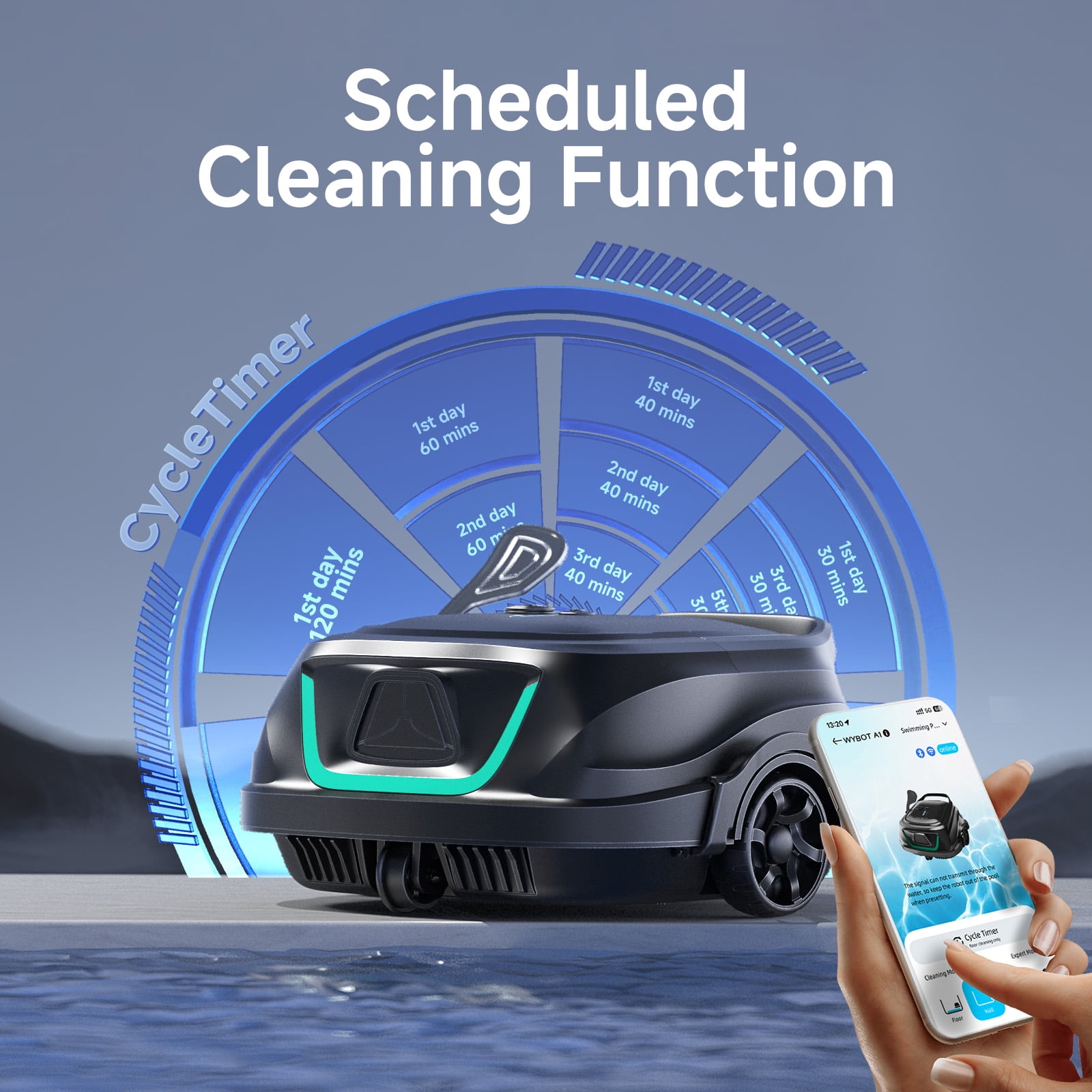 WYBOT A1 Cordless Robotic Pool Cleaner, Automatic Pool Vacuum for Above Ground Pools with 120 Mins, Double Filters, LED Indicator, Charge in 2.5H, 4 Cleaning Modes, Black & Green