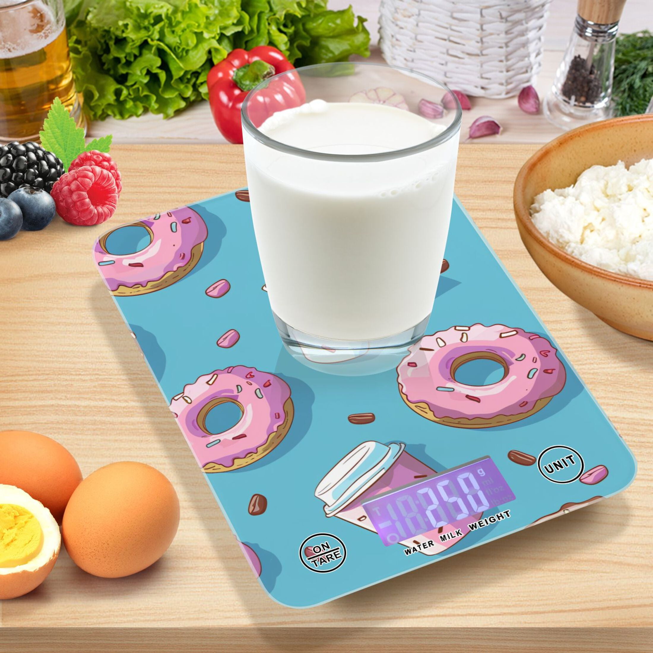 Coffee Cups Donuts Food Scale Digital Kitchen Scale Waterproof Tempered Glass Tare Function 11 lb for Baking Cooking Meal Prep