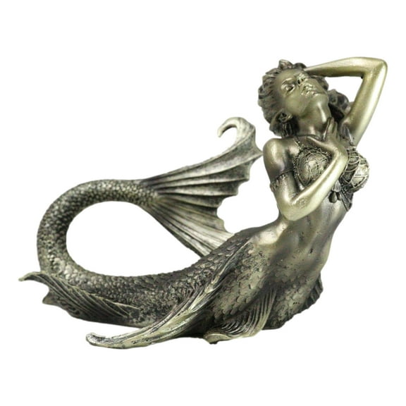 Nautical Aged Bronze Resin Seductive Mermaid Siren With Fishnets Figurine 7"L