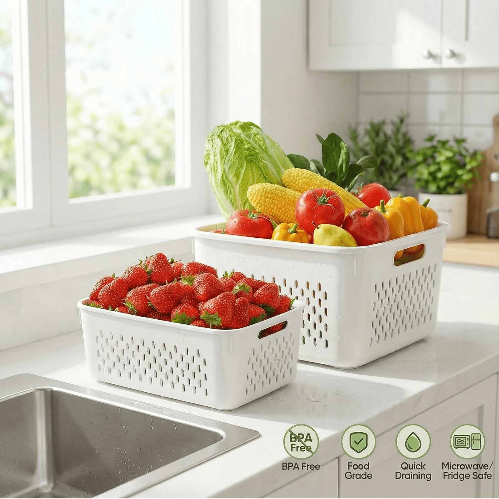 5 PCS Fruit Storage Containers for Fridge with Handle, Leakproof Produce Containers for Fridge with Removable Colander, All-In-One Fruit Containers Stainers Berry, Fruits, Vegetables, Salad, Lettuce
