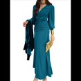 thumbnail image 3 of Vestidos de Cóctel de Sirena para Otoño e Invierno para Mujer, Larga, Escote en V, Ajustados, Maxivestido Fruncido en la Cintura. Azul Pavo Real XL, 3 of 9