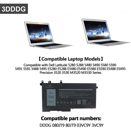 Battery 3DDDG for Del Latitude 15 3520 3530 E5280 E5480 E5580 D4CMT 83XPC 42Wh