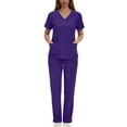 thumbnail image 4 of Scrub Sets for Woman Plus Size Short Sleeve V-Neck Solid Color Nursing Medical Uniform Top and Pants 2 Pieces with Pockets Purple M, 4 of 8