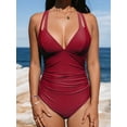 thumbnail image 3 of Cupshe Women's Tummy Control Deep V Neck Double Straps Crisscross Back Tie Bathing Suit, Red, 3 of 5