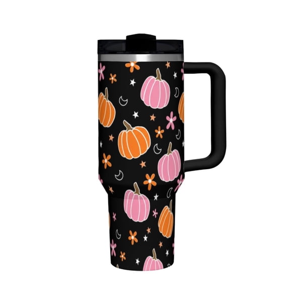 Hakunofo 40 oz Pink Orange Pumpkin Halloween Tumbler with Handle Straw and Lid, Stainless Steel Travel Coffee Cup for Halloween Gift Home Office