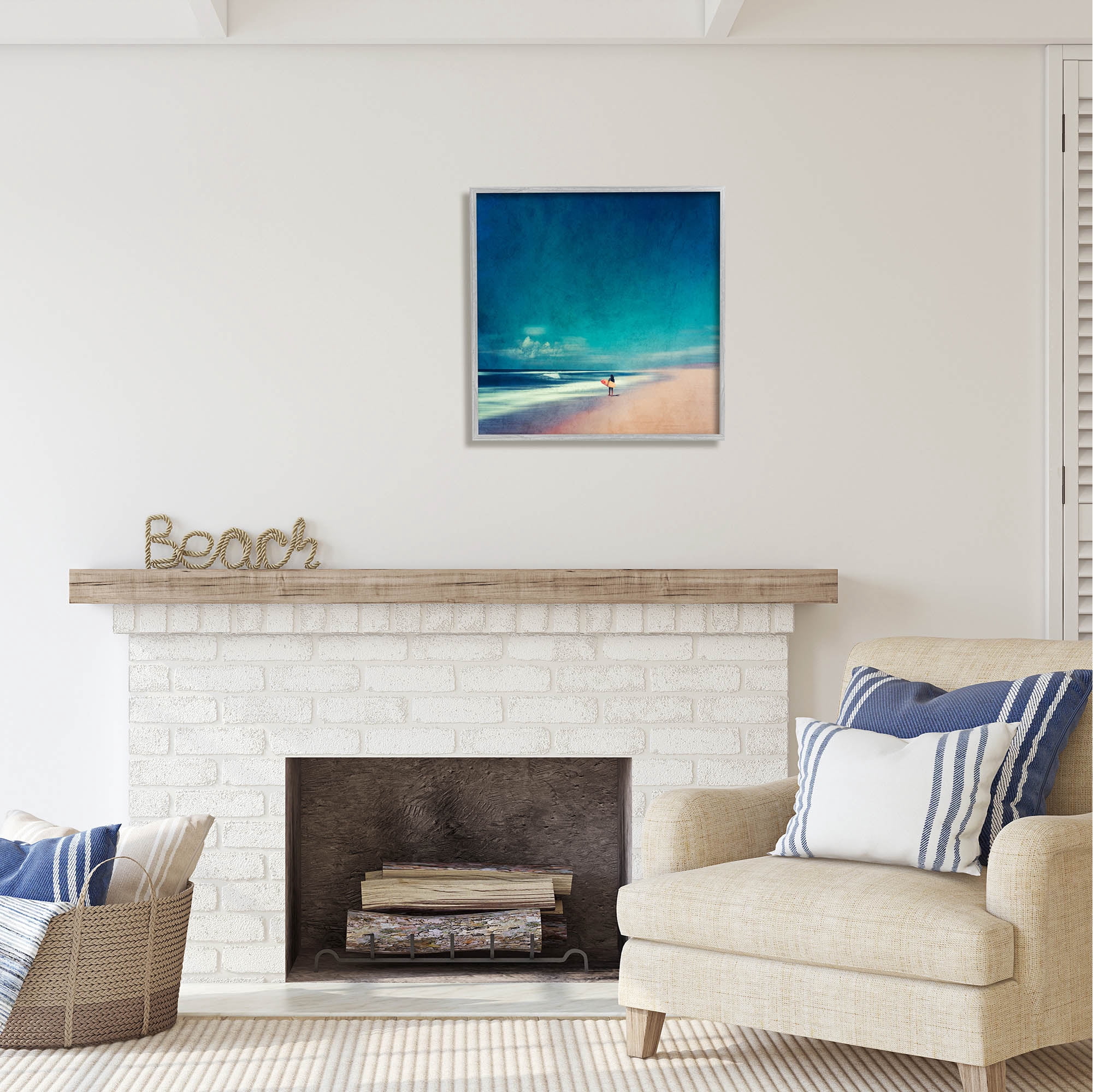 Stupell Industries Vast Beach Landscape Lone Surfer Coastal Photography Gray Framed Art Print Wall Art
