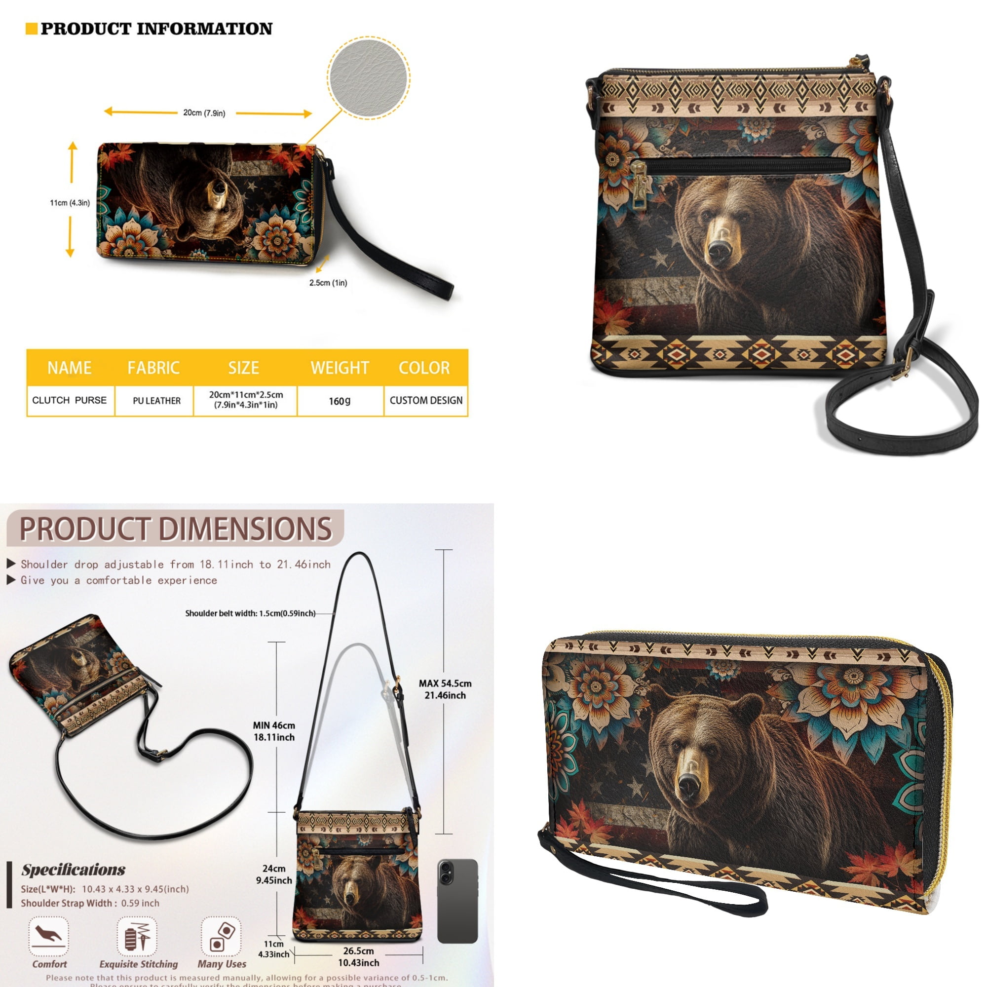 ZUXONGSY Aztec Bear Boho Mandala Print Women's Large PU Leather Crossbody Bag & Wallet Set, Satchel with Multi-Pocket Design, Adjustable Strap for Travel & Work