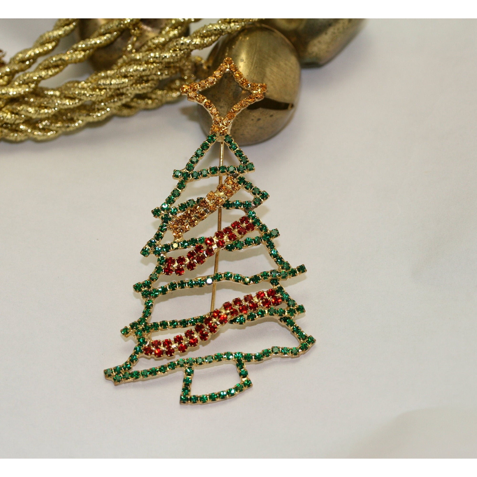 Christmas Rhinestone Jewelry, Vintage Gold-Tone Xmas Tree Brooch Pin, Fashion Holiday Jewelry