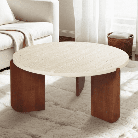 Round Travertine Texture Coffee Table – 30” Stone Coffee Table, Modern Design, Durable, Minimalist