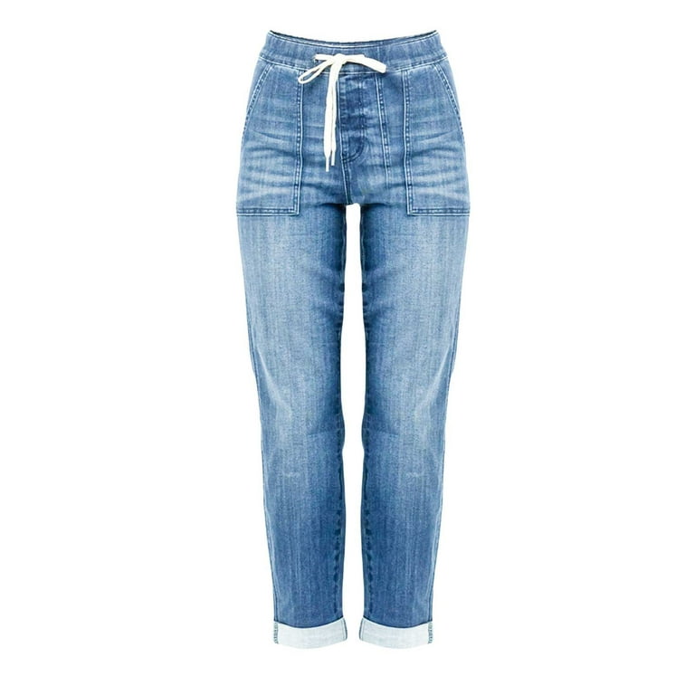 Women's Plus Size Loose Fit Drawstring High Expandable Waist Casual Jeans  Straight Leg Halara Pants ,Blue 