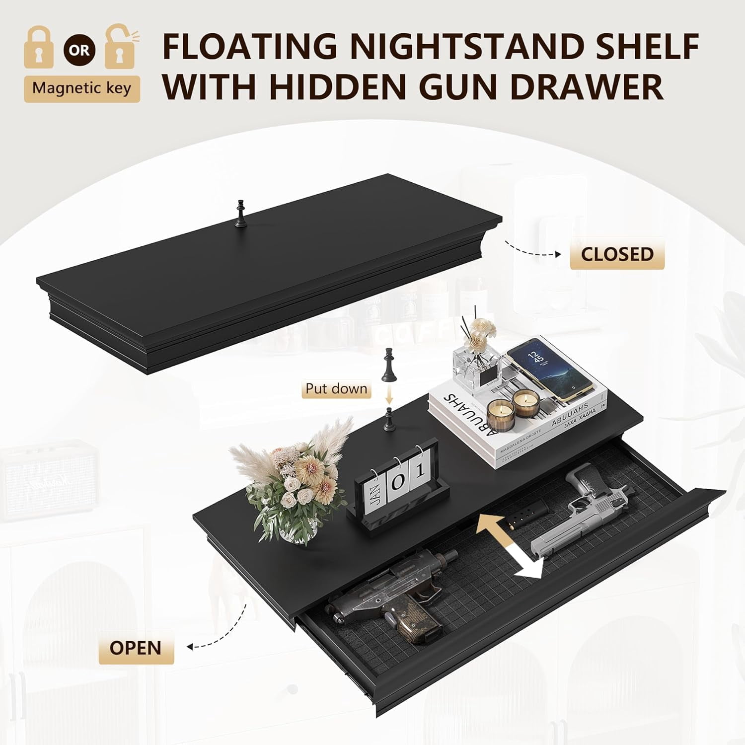 Eylar Intact Secret Home Decor with Hidden Storage, Floating Night Stand with Gun Drawer, Space-Saving Gun Shelf for Bedroom, Hallway, Office, Solid Wood (Black)