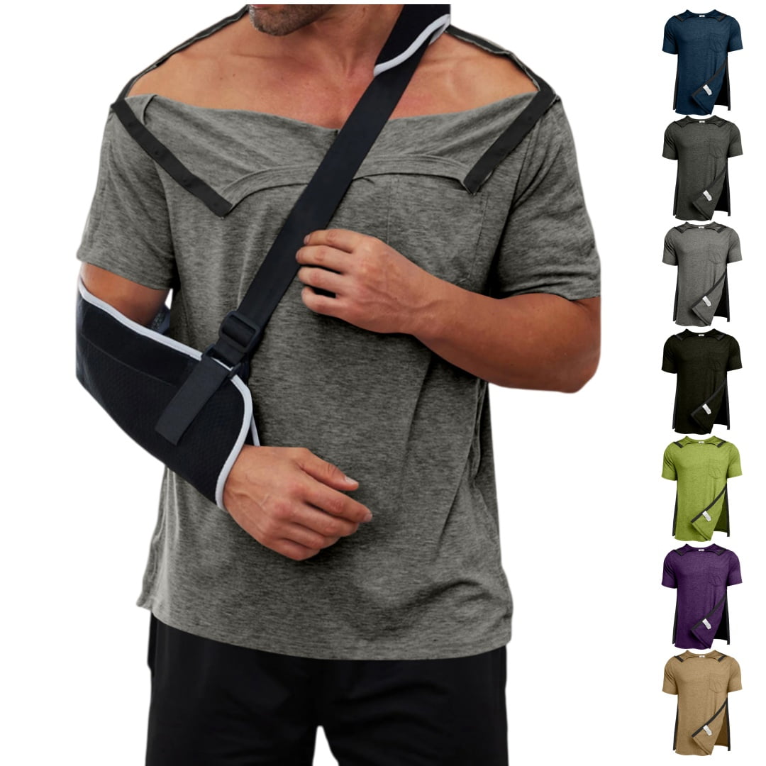 longantii Post Surgery Recovery Tshirts for Men Short Sleeve After Rotator Cuff Post Shoulder Surgery Shirt Loose Fit Adaptive Clothing Light Gray XL