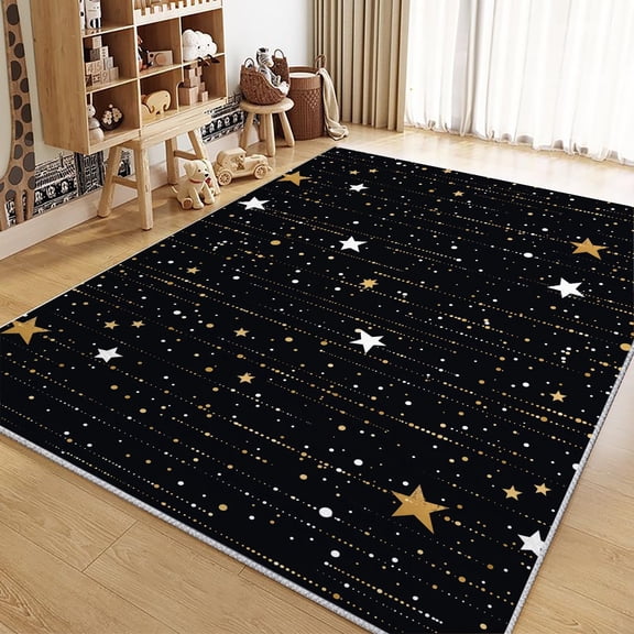 Washable Rugs Living Room Area Rugs, Cartoon Stars Rugs Non Slip Carpet, Black Rectangle Rug For Bedroom Dining Room Kitchen Soft Short Pile Rugs
