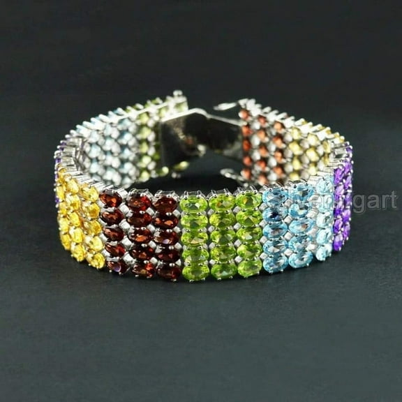 Wide Multi Color Bracelet, 925 Sterling Silver Bracelet, Multi Gems, Bracelet, Womens Bracelet, Handmade Bracelet, Natural Amethyst Peridot Citrine Topaz Garnet, Chakra Bangle, Christmas, Thanksgiving