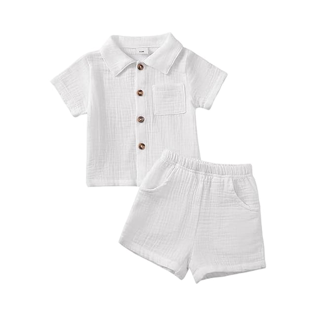 felwors Toddler Baby Boys Clothes Ribbed Button-Down Shirt Tops + Shorts Pocket Outfit 2 PCS set, 2-3 Years, White