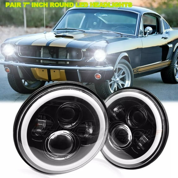 CHUSYYRAY Pair for Ford Mustang 1965-1978 7" Inch Black LED Headlight Halo Angel Eye Ring