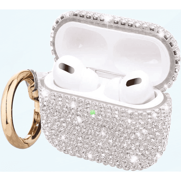Rhinestone Case for Apple AirPods Pro (1st Generation) [Rugged] Protection Antislip Grip with Carabiner Clip (Silver)