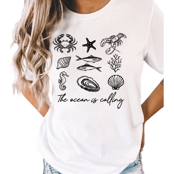 White The Ocean Is Calling Marine Life Print T-Shirt Graphic Tees Shirts Beach Streetwear S-5XL Mystical Tops