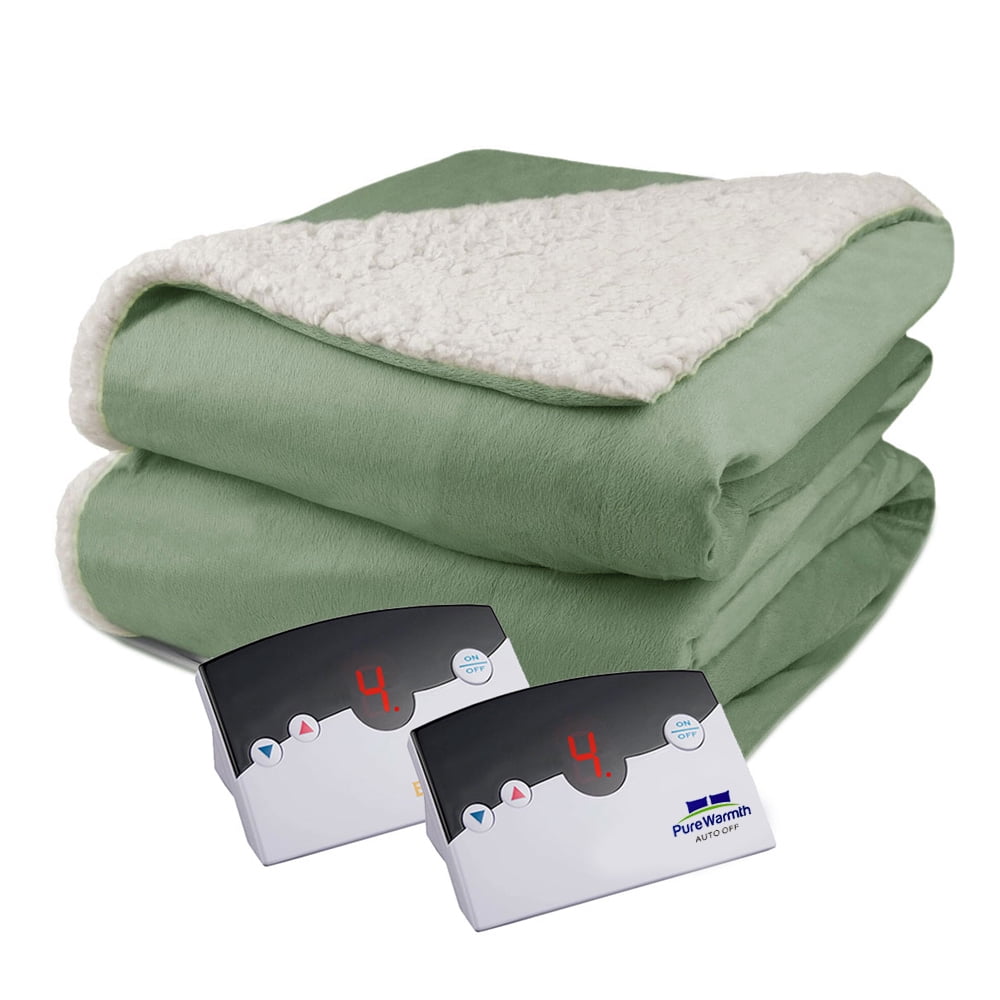 Pure Warmth Velour Sherpa Electric Heated Warming Blanket Queen Sage