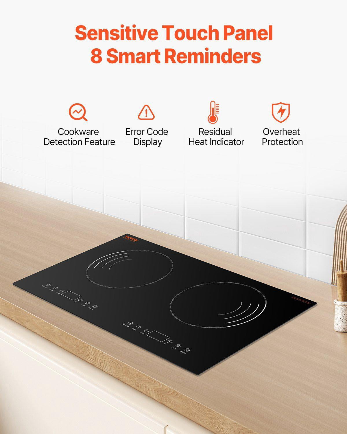 1800W Double Induction Cooktop with Touch Control 9 Power Settings Child Safety Lock Timer Glass Surface