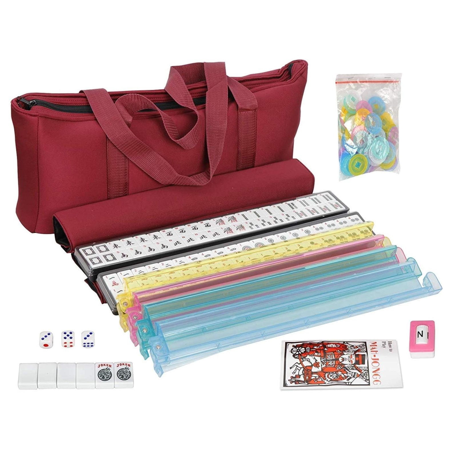 American Mahjong Set 166 Tiles, 4 Colors All-in-One Rack/Pushers, Red Soft Bag and Accessories –Classic Full Size Complete Mahjong Set.