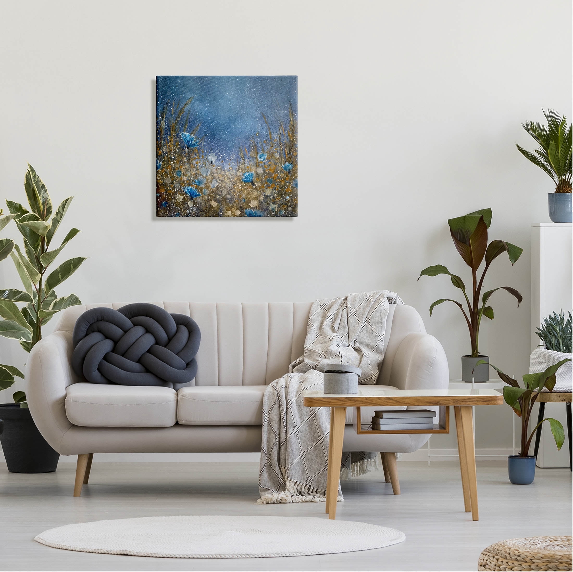 Deep Blue Botanical Meadow Grass Landscape Painting Gallery Wrapped Canvas Print Wall Art