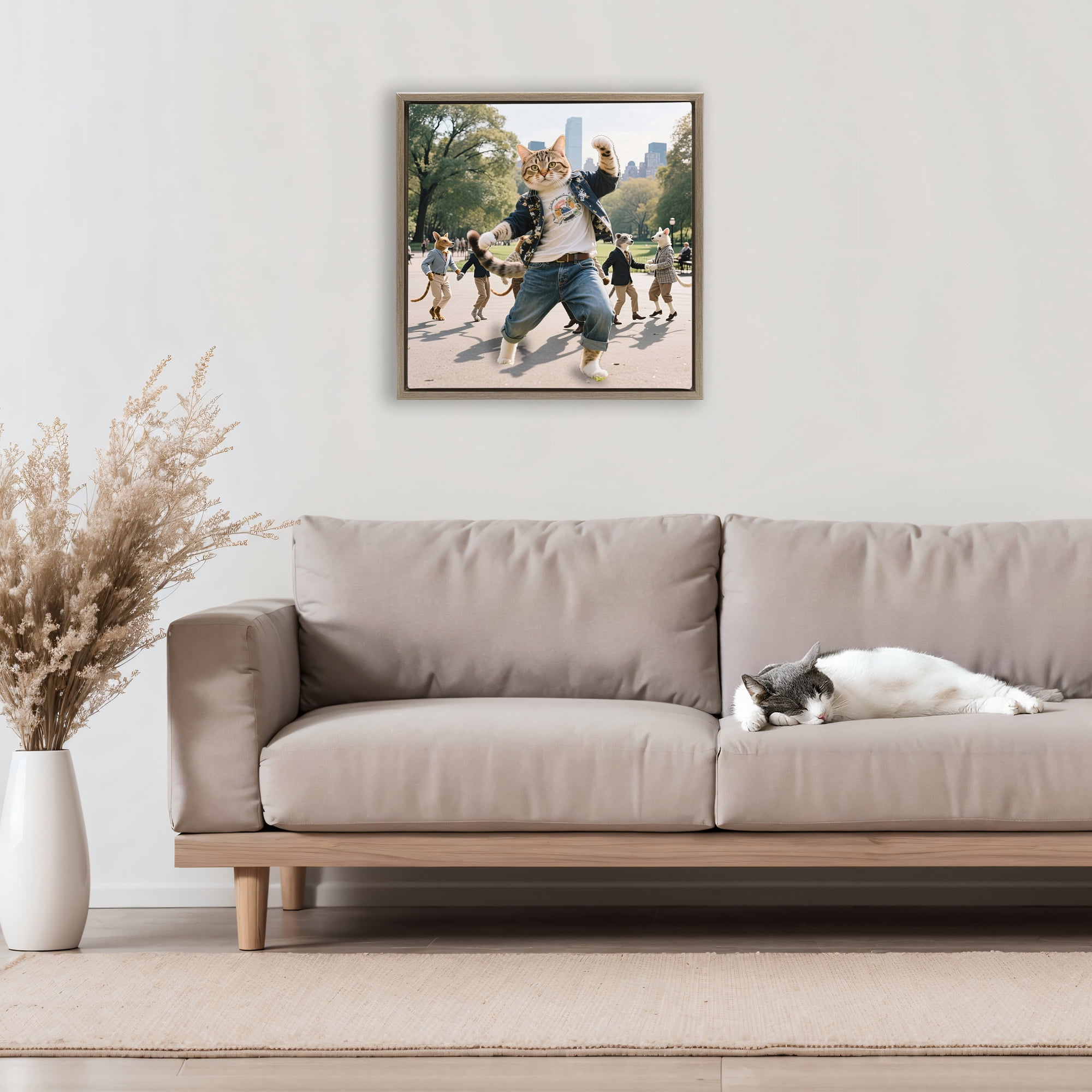 Stupell Industries Stylish Cat Dancing in Park Brown Framed Floater Canvas Wall Art, design by CAD Designs