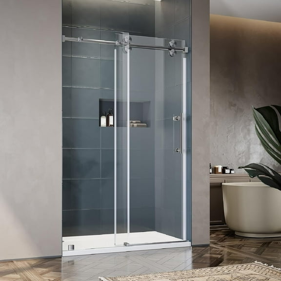 UKS04-50-55 Inch x 80 Inch Sliding Frameless Shower Door, 3/8" Tempered Glass with Easy-Cleaning Coating, Stainless Steel Rollers & SGCC-Certified Stability