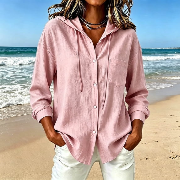 Admvng Women's Shirt Jacket Textured Hooded Button Down Comfy Drawstring Hood Long Sleeve Casual Hooded Blouse