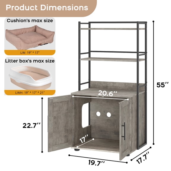 Modern Hidden Cat Litter Box Enclosure – 2-Tier Storage Shelves – Ventilated Cat Washroom Cabinet – Easy to Clean, Fits Most Litter Boxes, Pet Furniture for Indoor Cats, Grey, Two-Layer Rack
