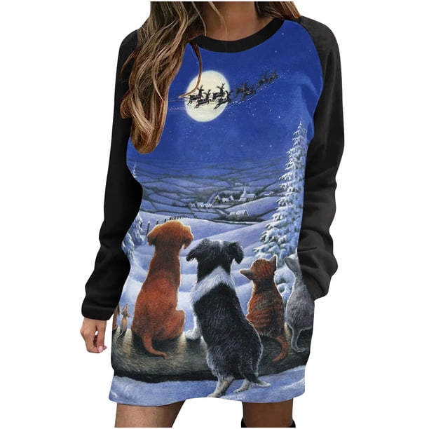 Nueva moda Casual estampado manga larga cuello redondo contraste Color suéter Top mujer ropa sudadera vestido Fridja yut1585