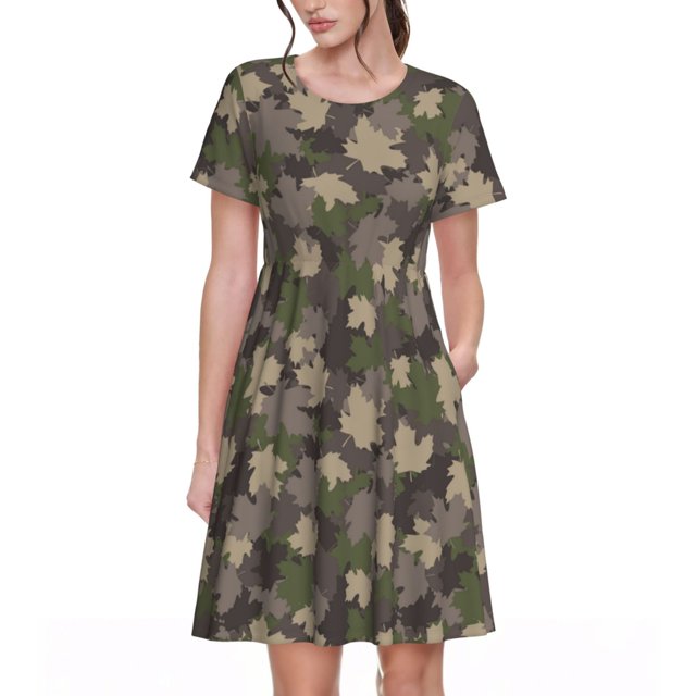 Easygdp Camouflage maple para Vestido Transpirable de Mujer, Vestido Suelto de Manga Corta con Pliegues y Bolsillos para el Verano