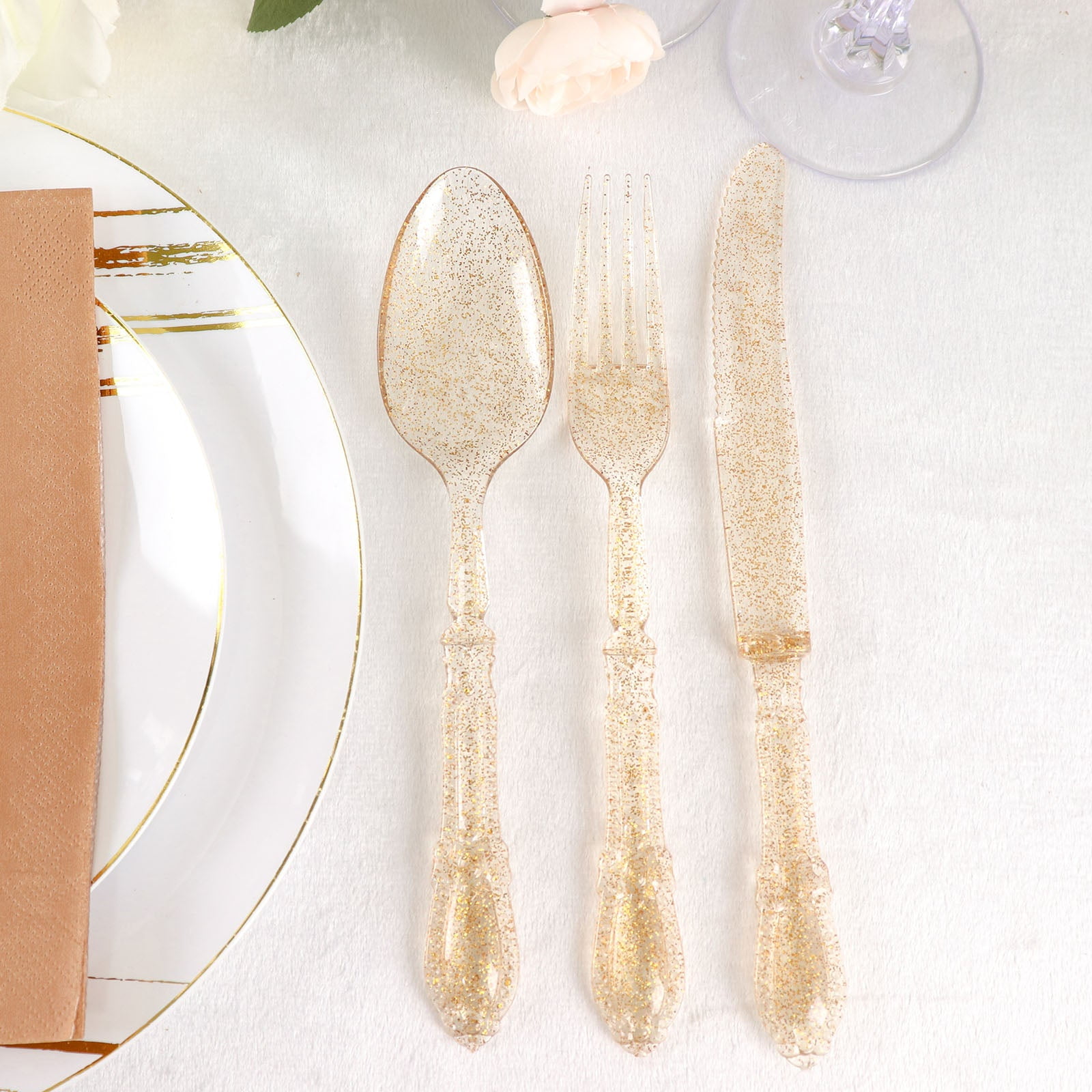 Efavormart 24 Pack | Clear Gold Glittered Heavy Duty Plastic Utensil ...