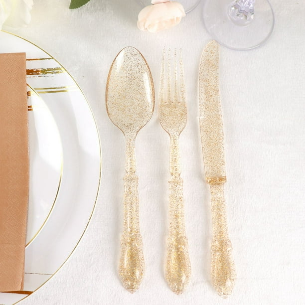 Efavormart 24 Pack | Clear Gold Glittered Heavy Duty Plastic Utensil ...