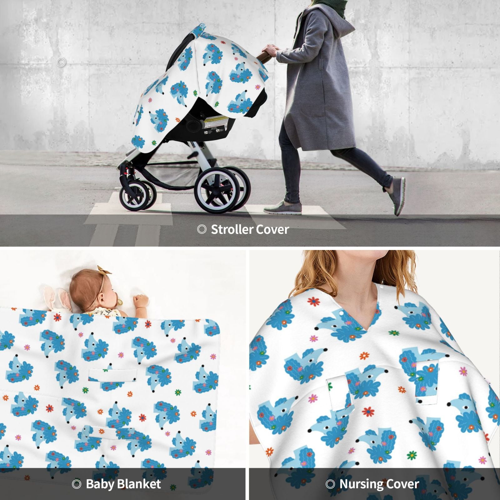 Car Seat Cover Baby - Blue Cute Poodle Dog Flower Breathable Infant Car Seat Cover for Baby Carseat, Lightweight Comfort Baby Essentials Must Haves Newborn Stuff for Girl Boy