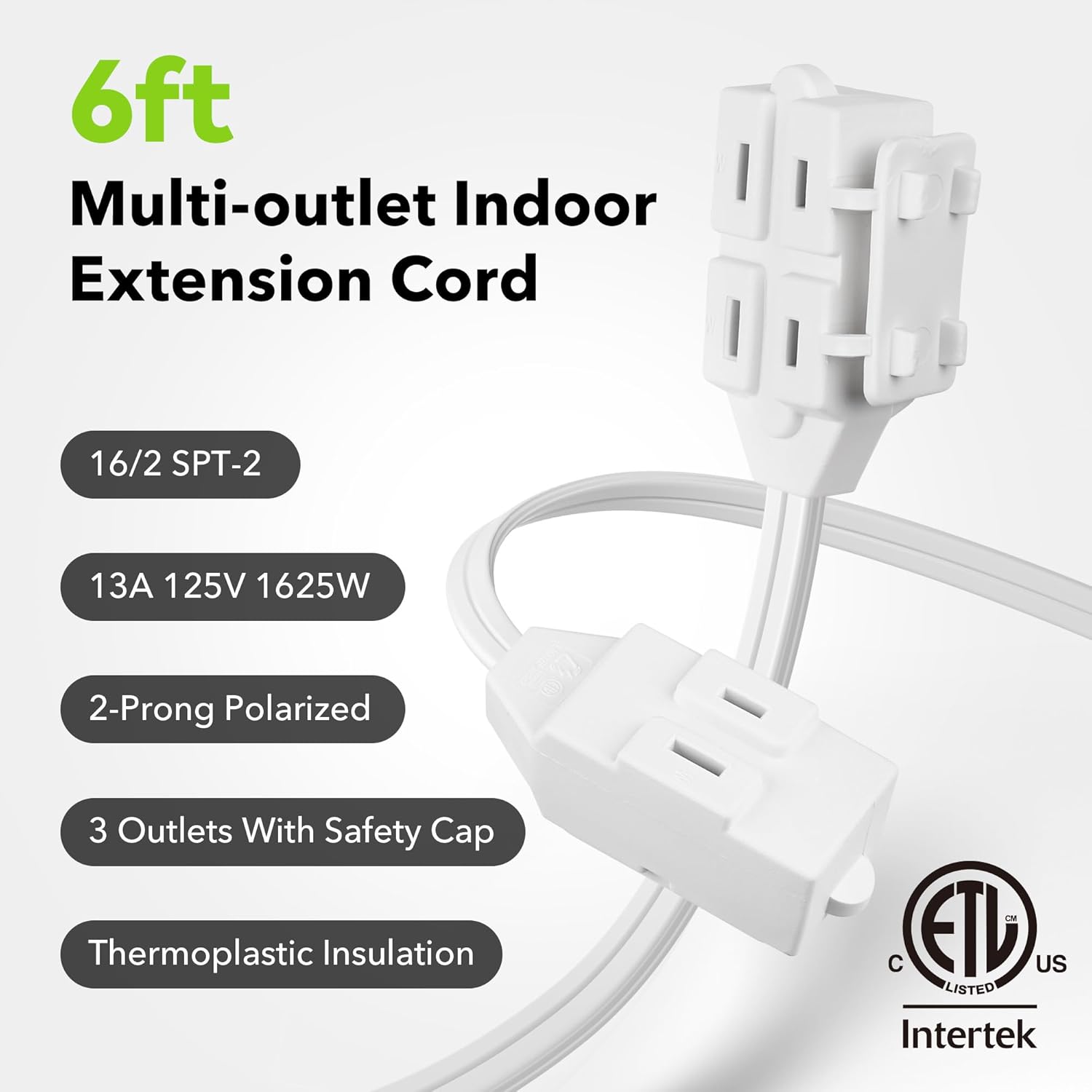 BN-LINK 6 Ft Indoor Extension Cord 16/2 SPT-2 2 Pack photo 7